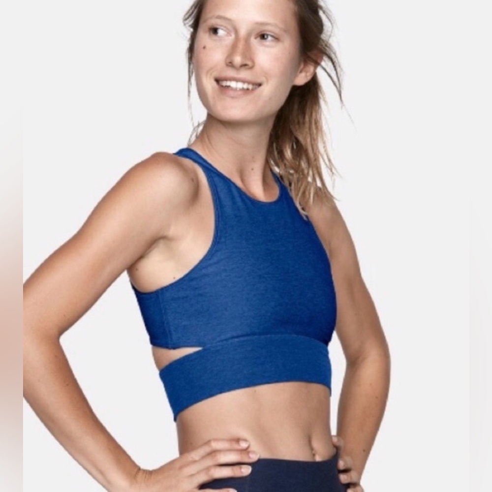 Outdoor Voices Blue Athena Crop Top Size L Cutout Workout Running Activewear